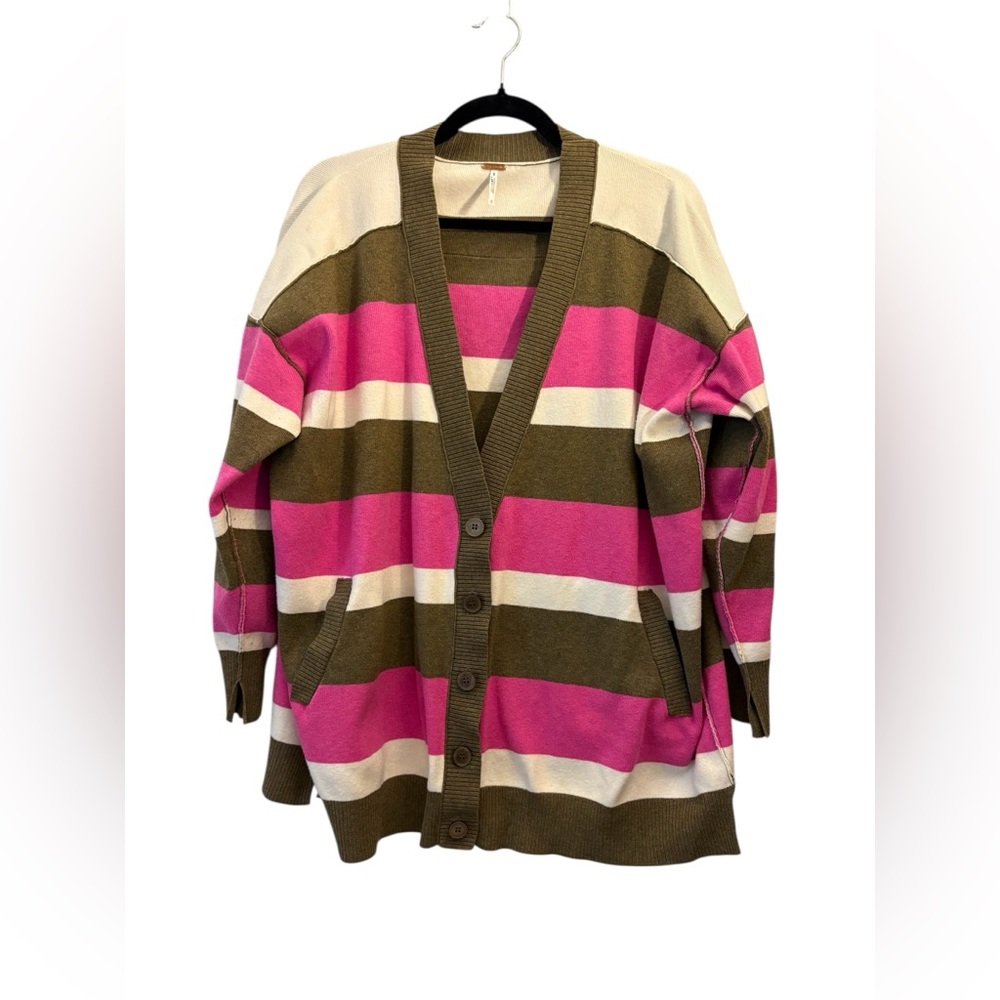 Free People League of Her Own Striped Cardigan Pink Brown and White Stripes - Picture 3 of 5